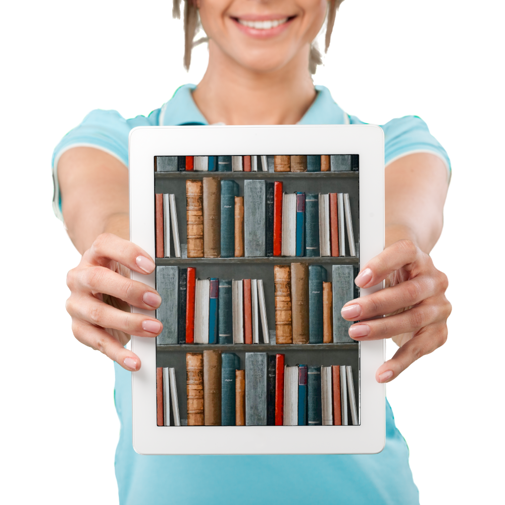 girl showing off ipad full of books